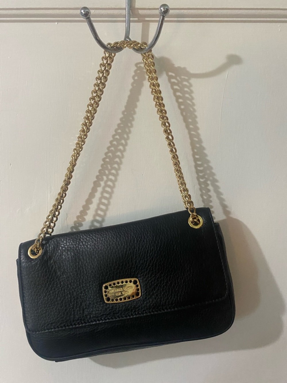 Michael Kors Black Leather Shoulder Bag with Gold Chain Detail